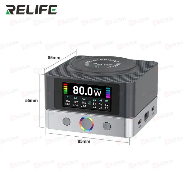 Многопортовое зарядное устройство Relife Q7 80W (6 портов; LCD HD; беспроводная зарядка 15W) фото в интернет-магазине 05gsm.ru