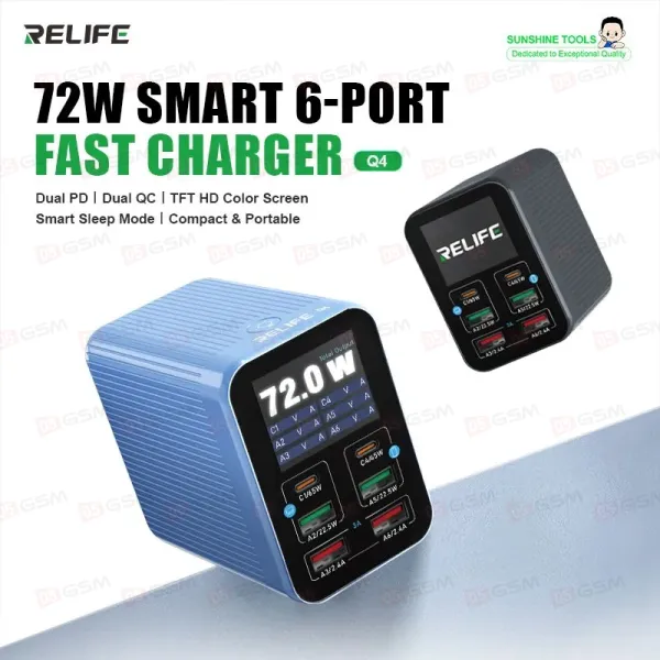 Многопортовое зарядное устройство Relife Q4 72W (6 портов; 2 PD; 2 QC 3.0; 2 USB) Серое фото в интернет-магазине 05gsm.ru