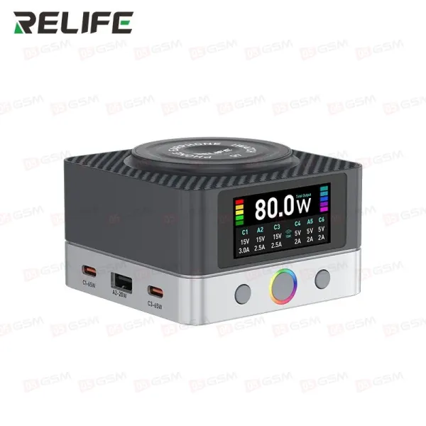 Многопортовое зарядное устройство Relife Q7 80W (6 портов; LCD HD; беспроводная зарядка 15W) фото в интернет-магазине 05gsm.ru