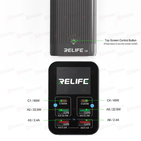 Многопортовое зарядное устройство Relife Q4 72W (6 портов; 2 PD; 2 QC 3.0; 2 USB) Серое фото в интернет-магазине 05gsm.ru